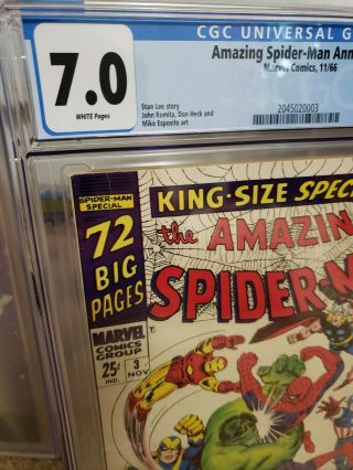 SPIDERMAN ANNUAL 3 CGC 7.  0,  WHITE PAGES AVENGERS APPEARANCE HULK L@@K 3