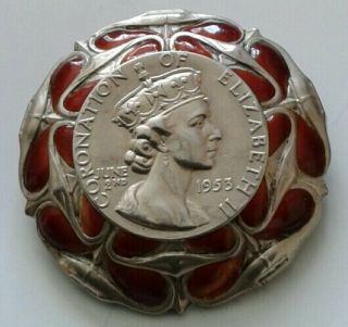 Sterling Silver And Part Red Enamel Queen Elizabeth 11 1953 Coronation Brooch.