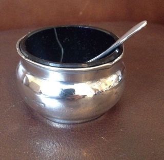 Antique Hallmarked Silver Table Salt & Spoon With Bristol Blue Glass Liner