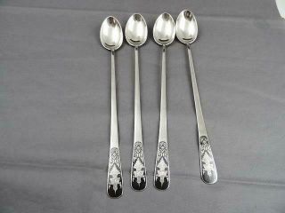 4 Antique Thai Siamese Sterling Silver Iced Tea Spoons Niello Dancers