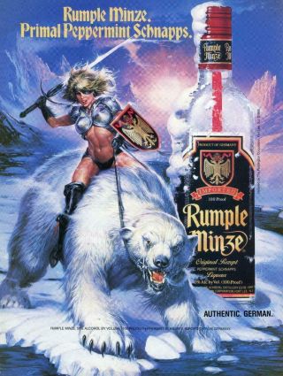 Rumple Minze Peppermint Schnapps Vintage Fantasy Polar Bear Warrior Woman Ad