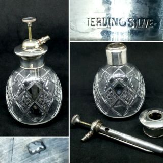 13.  5cm Art Deco Cut Glass Antique Vintage Silver Collar Perfume Pump Bottle