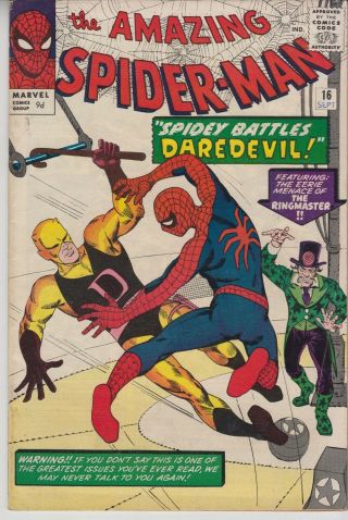 Spider - Man 16 Vs Daredevil High - Grade Vf 8.  0 Pence Variant 1964