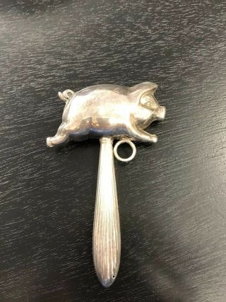 Antique Vintage Sterling Silver Baby Rattle Little Pig Face Head - Scarce
