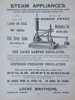1890 Ad (1800 - 35) Locke Brothers Mfg.  Co.  Salem,  Mass.  Textile Damper Regulators