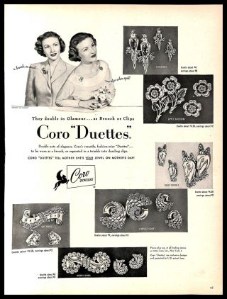 1948 Coro Duettes Jewelry Vintage Print Ad Mothers Day Glamour Brooch B&w 1940s