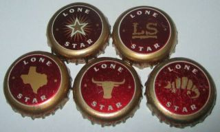 Full Set Of 5 Lone Star Beer Bottle Caps; San Antonio,  Texas; Vinyl