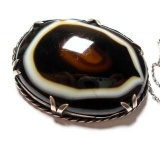 Large Antique Victorian Silver & Agate Brooch
