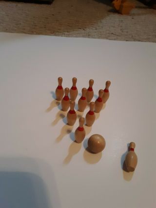 Dollhouse Miniature Vintage Wooden Bowling Pins With Ball.