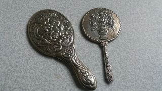 2 X Small Vintage / Miniature Vanity Hand Mirrors - One Silver - 900