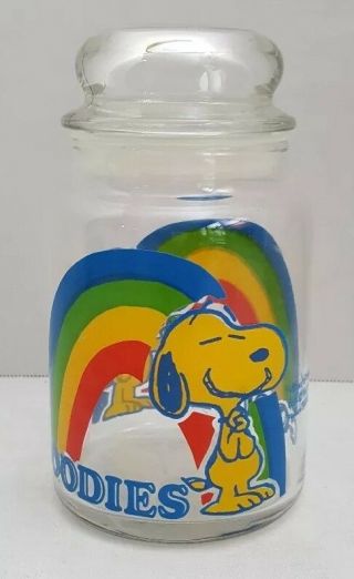 Snoopy Peanuts Glass Goodies Cookie Jar With Lid Charlie Brown 1965 Vintage