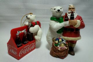 Coca Cola Christmas Tree Ornaments - 1995 And 2004 - Polar Bears & Santa - Resin