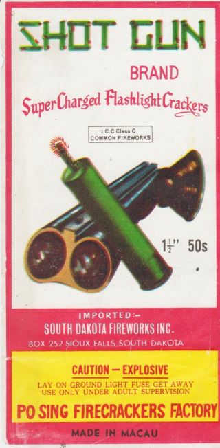 South Dakota Shot Gun Brand Firecracker Pack Label Fireworks Sioux Fall,  Sd 50s