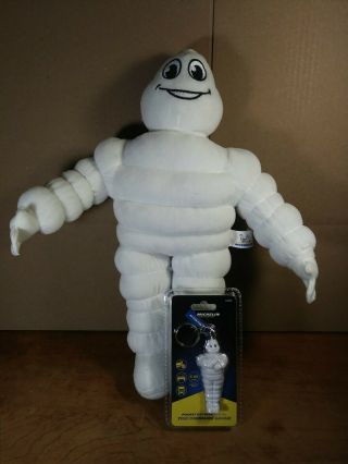 Michelin Man Stuffed 16 " Figure & 3 " Keychain W/ Digital Tire Pressure Gauge
