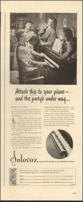 Vintage Ad For Solovox`makers Of The Hammond Organ Muscial Retro 112518)