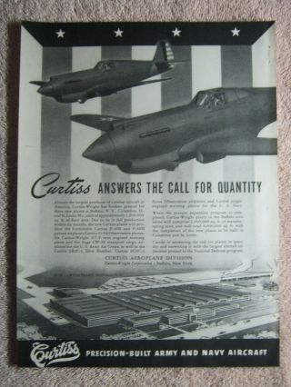 Vintage 1940 Wwii Curtiss P - 40 U.  S.  Army Fighters Aircraft Airplane Print Ad
