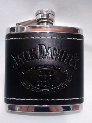 2009 Jack Daniels " Old No 7 " Brand Stainless Steel Leather Wrapped 5 Oz Flask