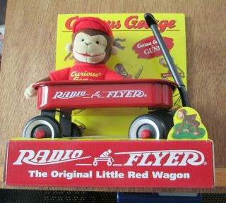 Vintage 1998 Curious George By Gund With Metal Radio Flyer Wagon -