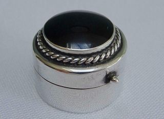 Sterling Silver Trinket Pot Pill Box Black Stone 925 Makers Cme Round Vintage