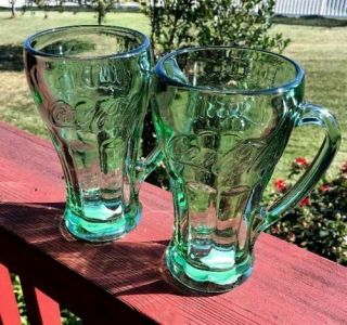 Set Of 2 Green Coca Cola Thick,  Heavy Glasses W/ Handle,  Mugs 14oz Libbey Glass