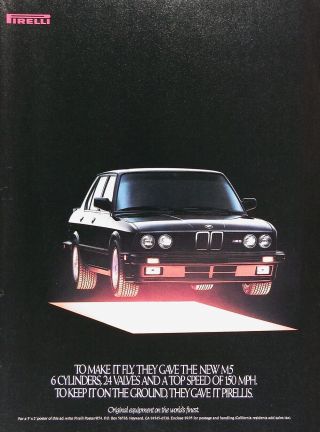 1988 Pirelli Tire Vintage Advertisement Bmw M5 Oem