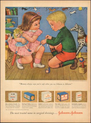 1950 Vintage Ad For Johnson & Johnson Art Little Girl Doll Pink Dress 062817)