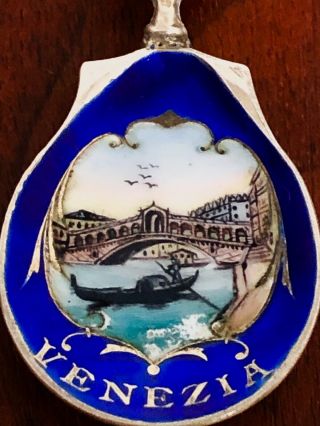 - Continental Silver Gilt & Enamel Souvenir Spoon For Venice: Painted Bowl