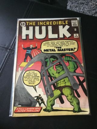 The Incredible Hulk 6 1962 Not Cgc,  Kirby,  Stan Lee,  First Metal Master,  Good 2.  0