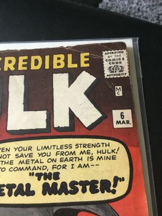 The Incredible Hulk 6 1962 Not CGC,  Kirby,  Stan lee,  First Metal Master,  Good 2.  0 3