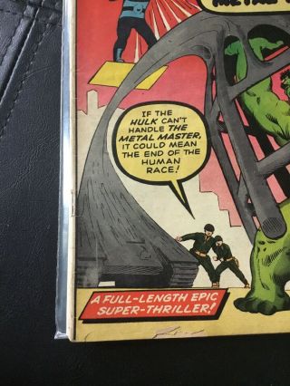 The Incredible Hulk 6 1962 Not CGC,  Kirby,  Stan lee,  First Metal Master,  Good 2.  0 4