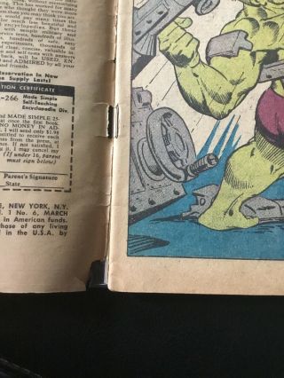 The Incredible Hulk 6 1962 Not CGC,  Kirby,  Stan lee,  First Metal Master,  Good 2.  0 6