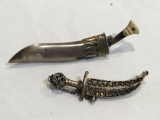 Antique Silver Filigree Miniature Kukri Dagger Brooch And Another