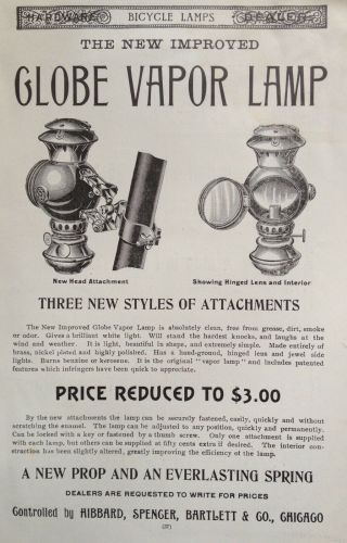 1895 Ad (1800 - 39) Improved Globe Vapor Bicycle Kerosene Lamps