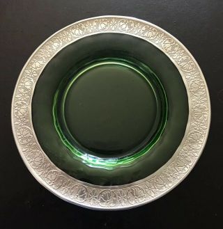 Pale Green Glass 6 " Dessert Plate With Etched Sterling Silver Edge Rim Vintage