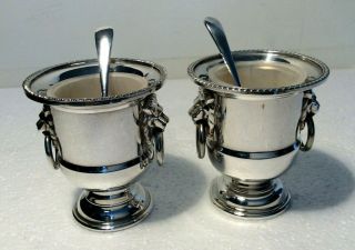 Vintage Salts Pair Silver Plated Lion Head Footed,  2 Spoons Viners Or Egg Cups