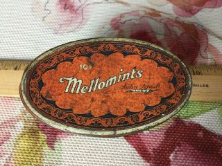 Vintage Oval Mellowmints 10 Cent Satin Finish Tin Orange And Black Graphics