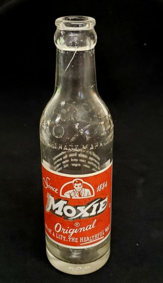 Vintage 1958 Moxie Soda Glass Bottle,  7 Oz,  Needham Heights,  Acl Color Print Label
