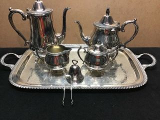 Vintage 7 Pc Fiesta Oneida Tea,  Coffee Pots,  Creamer,  Sugar Bowl,  Tray,  Tong,  Bell