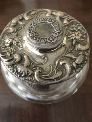 Antique Glass Jar W/ornate Sterling Silver Top Sterling Markings