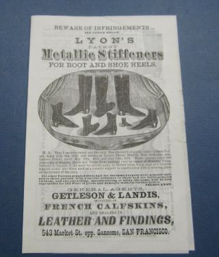 Old 1878 Getleson & Landis Boot And Shoe Stiffeners Price List San Francisco Ca.