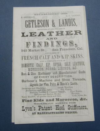 Old 1878 Getleson & Landis BOOT and SHOE Stiffeners Price List San Francisco CA. 3