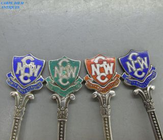 Vintage Set 4 Solid Sterling Silver & Enamel Topped Cricket Club Spoons 51g 1924