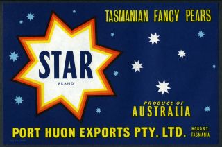 Star C.  1940s Port Huon Hobart Tasmania - Australia Pear Fruit Crate Label