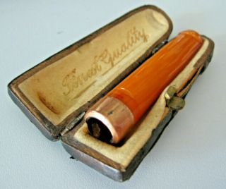 Amber & 9ct Gold Band Cigar Cigarette Cheroote Holder In Leather Case