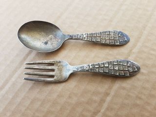 Antique Sterling Silver Rogers Alphabet Baby Spoon & Fork Set 4.  25 "