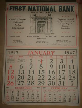 Vintage 1947 Calendar - First National Bank Iowa City Iowa
