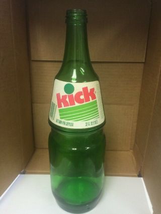 Vintage Kick Soda Bottle Paper Label 32oz Green Glass By Royal Crown Cola 1970s