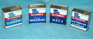 4 Vintage Mccormick Spice Tins,  Majoram,  Mace,  Turmeric & Red Pepper And Cayenne