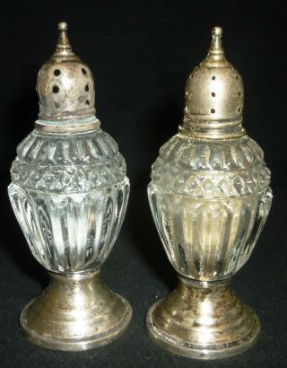 Antique Crystal Clear Glass & Silver Sheffield Pedestal Salt & Pepper Shakers