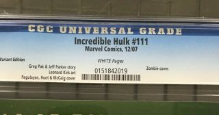 INCREDIBLE HULK 111 Marvel Comics 2007 CGC 9.  8 Variant Edition Zombie Cover 2